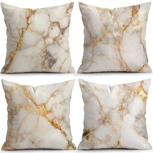 OBSEDE Gold Foil Marble Decorative Throw Pillow Covers 18 × 18 in, Set of 4, Couch Cushion Cases Inserts for Sofa Bed Living Room Home Decor, Single-Sided Print