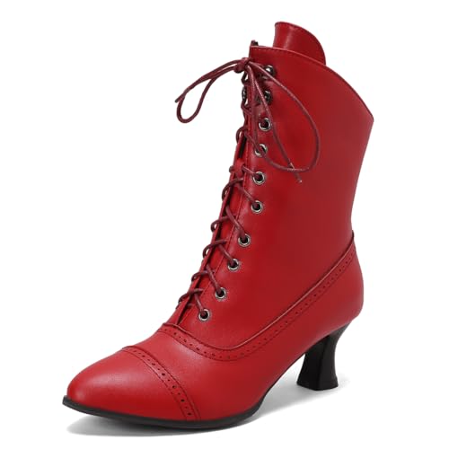 Carkuolary Womens Vintage Lace Up Calf Length Victorian Boots Leather Louis Heel Steampunk Gothic Boots for Women Girls Ladies Red Size 6