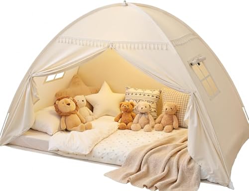 Sumbababy Twin Bed Tent for Kids Indoor, Toddler Bed Canopy with Star Lights & Flags, Twin Size Teepee Tents for Boys Girls Inside Bedroom (Golden Beige)