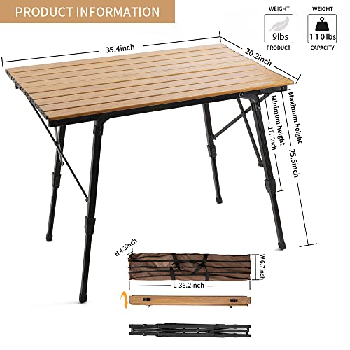 Hunter Tribe Large Portable Aluminum Folding Camping Table That Fold Up Lightweight Outdoor Roll Up Table Adjustable Height Foldable Picnic Table 35.4" L X 20.3" W X 25.5" H #TOP2