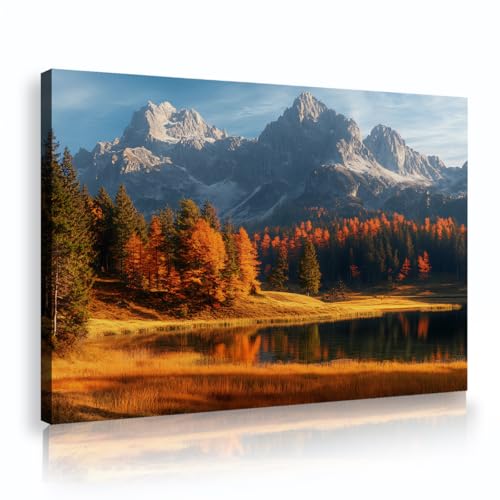 Toile Alpin Montagne lac reflet orange forêt mélèze paysage nature cadre moderne
