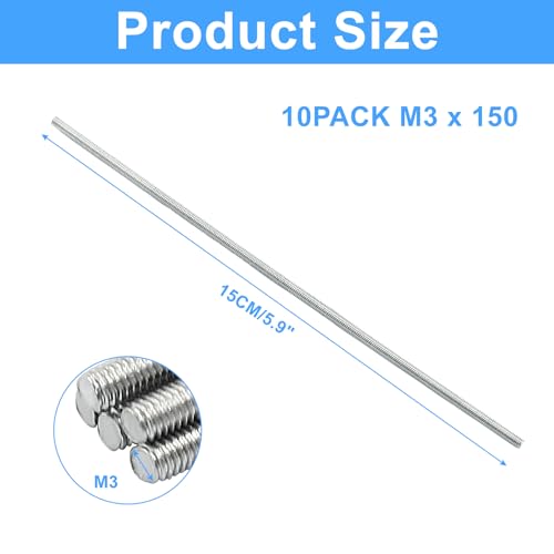 Litoexpe 10 Pack Fully Threaded Rod M3 x 150mm, 304 Stainless Steel Right Hand Threaded Rods Bar Studs - Thumbnail 2