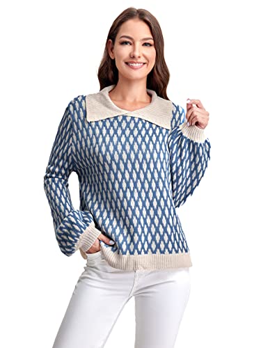 Floerns Women's Argyle Pattern Retro Plaid Collared Long Sleeve Knit Preppy Sweater A Blue L #TOP27