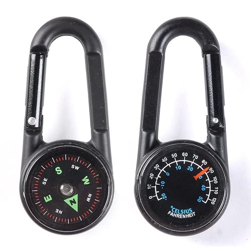 Remorui 1 Pc 3-in-1 Hiking Metal Carabiner Mini Compass with Thermometer Keychain Mini Compass Carabiner Clips for Outdoor Random
