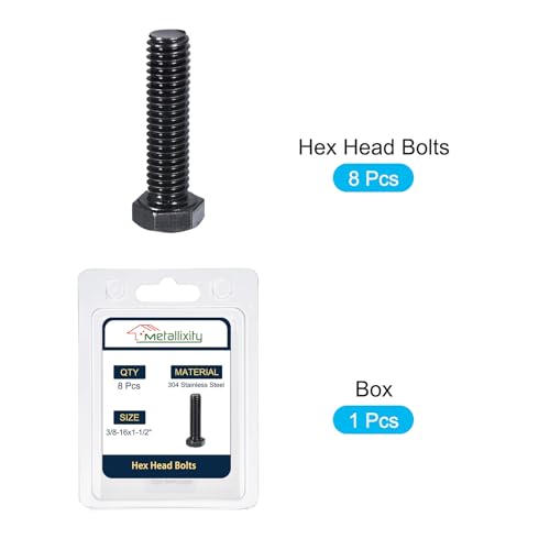 Image of METALLIXITY Hex Head Bolts (3 /8-16 x 1-1 /2 inch) 8Pcs, 304 Stainless Steel 18-8, Fully Threaded, External Hex Drive, Hex Head Screw Bolt, Black Oxide