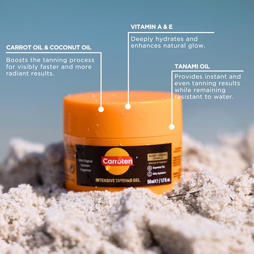 Image of Carroten Intensive Tanning Gel | Travel Size Browning Tan Accelerator | Non-Greasy Water-Resistant with Carrot & Coconut Oil | Vitamin A&E for Moisture & Hydration | TSA Approved | 1.7oz + Spatula
