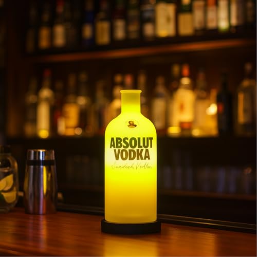 Image of KAVI EcoGlow Upcycled Yellow Bottle Lamp with Wooden Base & Built-in LED Light for Home & Bar Decor
