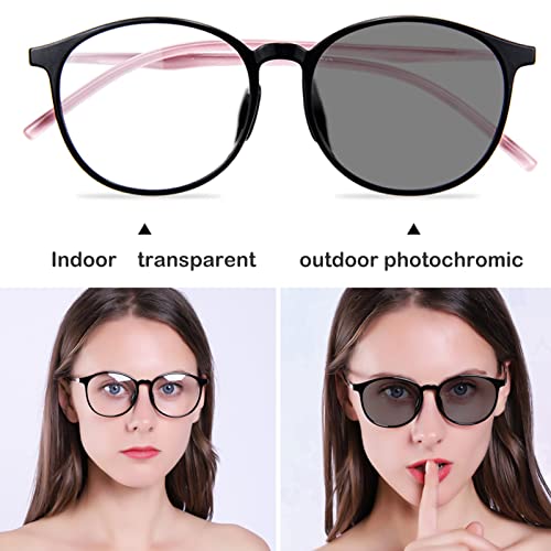 Damskie progresywne wieloogniskowe okulary do czytania, fotochromowe okulary przeciwsłoneczne na zewnątrz, duże okrągłe czytniki TR90 (kolor: różowy, rozmiar: 3,0 x)
