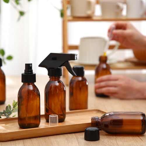 Honeydak 8 Set 4 oz Amber Glass Spray Bottles Kit Small Empty Spray Bottle for Essential Oil Mini Fine Mist Spray Bottle with Nozzle Dropper Label Refillable Container for Cleaning Solutions Skin Care4