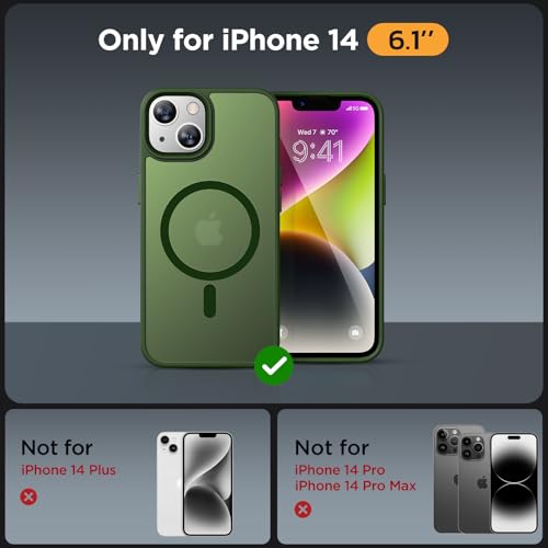 Image of Miracase Magnetic for iPhone 14 Case 6.1 inch (Compatible with MagSafe)(with 2X Screen Protectors) Military-Grade Protection, Anti-Fingerprint Translucent Matte Phone Case Cover, Dark Green