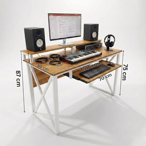 Image of FFO Music Studio Desk | Music Studio Desk with Keyboard Tray | Workstation,Laptop PC Computer, Music Instrument Table for Music Producers | (150L x 60W x 87H CM) | DIY White and Coach Wood