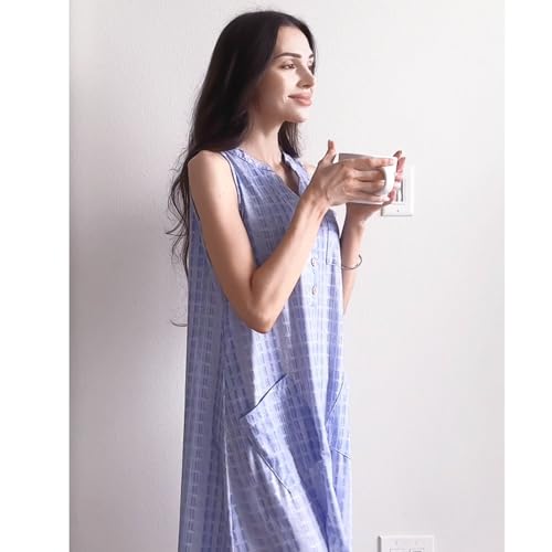 Image of Women Casual Dress Summer Stripe Button V Neck Sleeveless with Pocket Long Dresses Holiday Beach Party Midi Dress