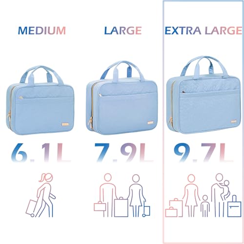 Image of NISHEL Travel Toiletry Bag for women, Portable Hanging Organizer for Family-Sized Shampoo, Conditioner, Brushes Set, Makeup Accessories, Extra Large Size, Placid-Blue
