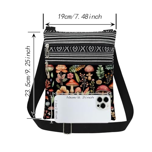 Mushroom Fungal Art Print Crossbody Bag Mushroom Floral Design Messenger Bag Adjustable Shoulder Strap for Adult Sisters Teens Birthday Gift from Nature​​ Travel Crossbody Purse (Black)2