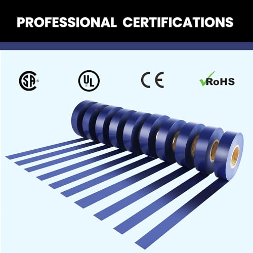 Image of Lichamp 10-Pack Blue Electrical Tape Waterproof, 3 /4 in x 66ft, Industrial Grade UL /CSA Listed High Temp Electrical Tape Blue Electric Super Vinyl