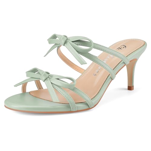 Oh Mispares Strappy Heeled Mules for Women Round Open Toe Stilettos Bows Slip on Sandals 2 Inch Elegant Heeled Slides for Wedding Party Prom Sage Green