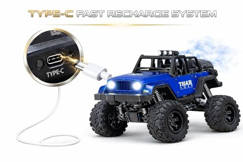 Image of TEC TAVAKKAL 1:14 RC Car High Speed 2WD Rock Crawler Monster Truck | Rechargeable Type-C Remote Control Car with Smoke Fog Effect | Metal Body, LED Lights, Off-Road Climbing Toy for Kids (Blue)