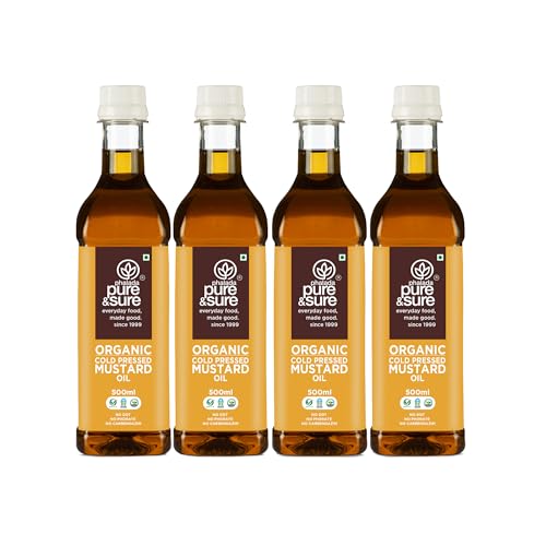 Image of Pure & Sure Organic Cold Pressed Mustard (Kachi Ghani) Oil 2 Litres | Natural Sarso Tel For Cooking,Hair Care & Skin Care|Rich Flavour And Nutrients |(500ML X Pack of 4)
