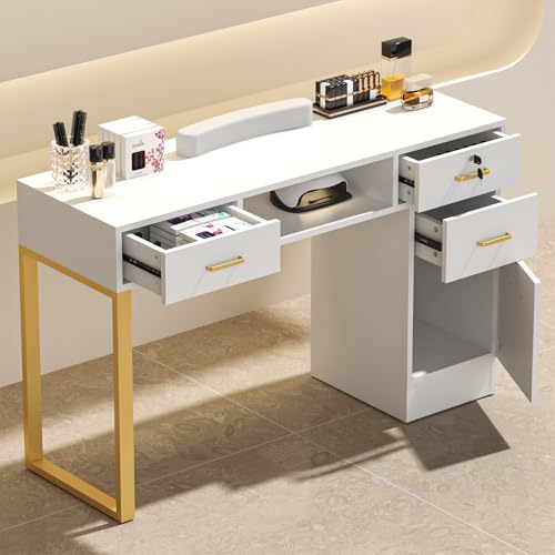 ELEVACHIC Manicure Table Nail Desk for Nail Tech, Manicure Station for Salon/Home, w/Wrist Cushion, Storage Cabinet, Lockable & Open Drawers, Metal Legs, Acetone Resistant, White & Gold