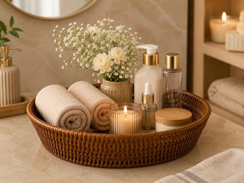 Image of Decorative Handwoven Basket for Bread, Fruits & Vegetable Storage Durable Round Rattan Basket for Kitchen, Dining & Cafe Serving Purpose