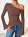 ZESICA Women's Off Shoulder Tops Bell Long Sleeve Shirts 2026 Fall Trendy Going Out Ruched Tight Fitted Y2K Clothes,Brown,Medium