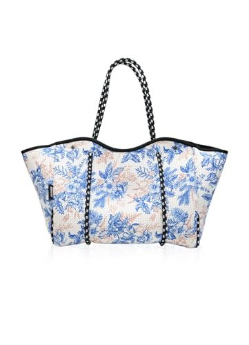 SURQO Neoprene Tote Bag for Women Large Travel Beach Bag with Detachable Pouch (Royal Blooms Medium)