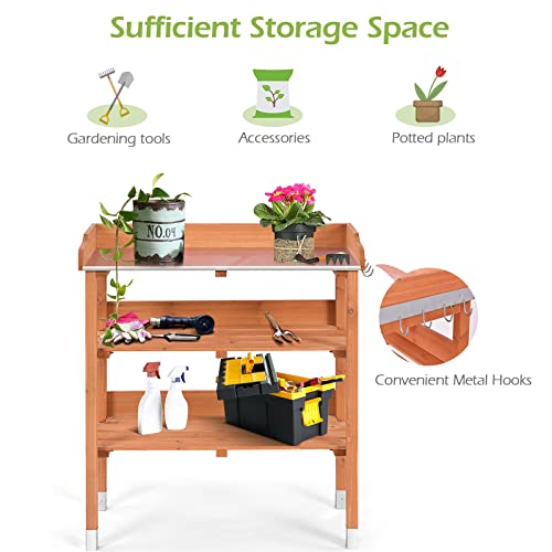 Outdoor-Potting-Bench-3-Tier-Wooden-Garden-Workstation-Table-wIron-Tabletop-2-Wood-Shelf-5-Hooks-Multifuction-Work-Station-Table-Rack-for-Garden-Backyard-Kitchen-Garage-Deep-Oak Outdoor Potting Bench 3 Tier Wooden Garden Workstation Table wIron Tabletop 2 Wood Shelf 5 Hooks Multifuction Work Station Table Rack for Garden Backyard Kitchen Garage Deep Oak