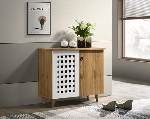 Image of DeckUp Ceylon 2-Door Engineered Wood Shoe Rack (Wotan Oak & White, Matte Finish)