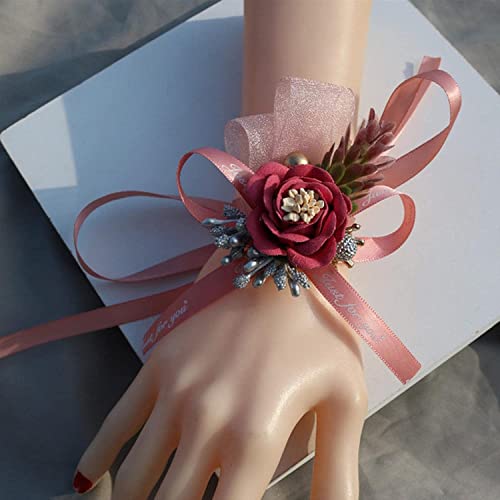 Corsage de poignet et boutonnière de mariage ruban polyester rose