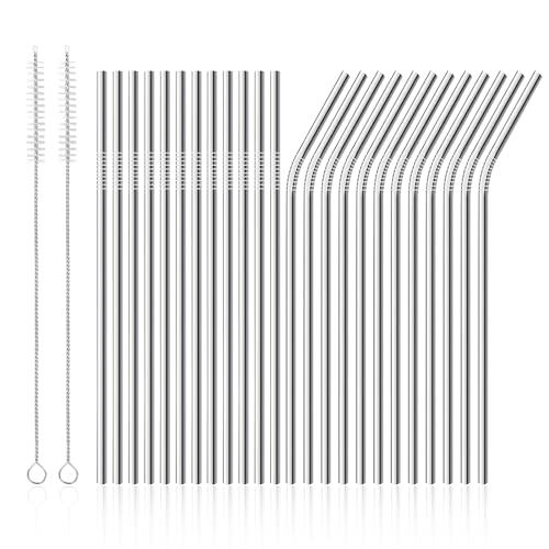 Xmart 24 Pezzi Cannucce in Acciaio Inox Set 21.5cm Cannuccia Riutilizzabile in Acciaio Inossidabile con Spazzola per Pulizia Lunghe Cannucce Metallo Riutilizzabili per Cocktail Frullati Succhi Caffè