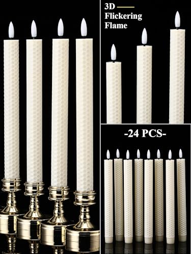 Image of Treela 24 Pcs Flameless Taper Candles Battery Operated ulkB Fake Candles Light LED Candle Sticks Flickering Tapered for Wedding Anniversary Holiday Decoration(Honeycomb,10 Inch,Ivory)