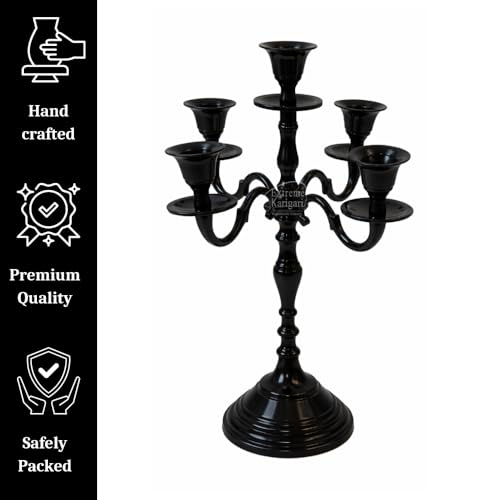 Image of 5 Arm Black Metal Candelabra Candle Stand | 12 Inch Tall Decorative Candlestick Holder for Dining Table, Living Room, Wedding & Home Decor (Black)