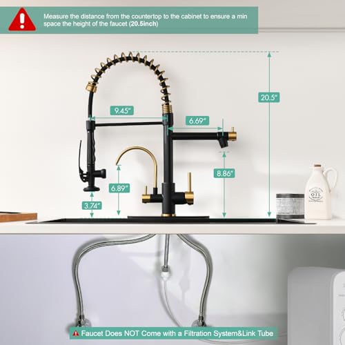 Image of Fapully Commercial Kitchen Faucet with Pull Down Sprayer and Water Filter | Matte Black&Brushed Gold, 3 in 1 Kitchen Faucets with Drinking Water Faucet for Kitchen Sink