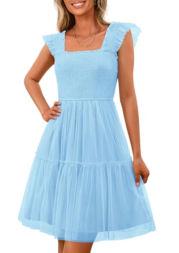 PRETTYGARDEN Womens 2025 Trendy Mini Summer Dresses Sleeveless Tulle Ruffle Square Neck Tiered Smocked Beach Vacation Dress (Light Blue,Small)
