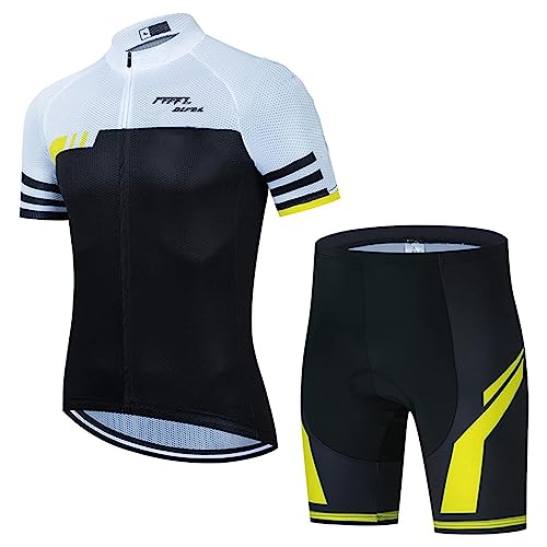 Ciclismo Uomo Completo Ciclismo Composto da Pantaloncini Grembiule + Maglia con Zip - Completino Abbigliamento Bicicletta Traspirante Fondello 9D Gel (Giallo,XL)