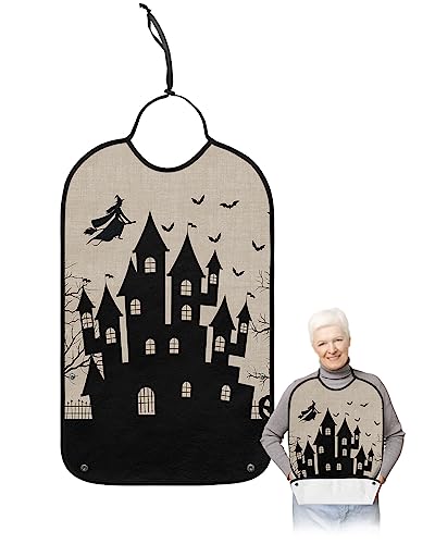 Halloween Adult Bibs for Eating, Waterproof Bibs with Food Catcher & Adjustable Snap Closure, Castle Witch Black Silhouette Rustic Burlap Washable Clothing Protectors Adult Bibs for Elderly Women/Men