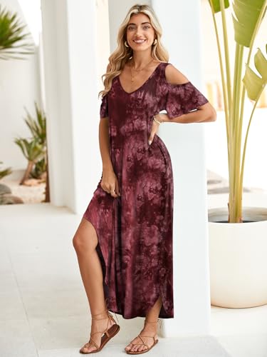 Image of BELAROI Womens Cold Shoulder Maxi Dress Plus Size V Neck Summer Sundresses with Pockets Beach Coverup Vacation Outfits