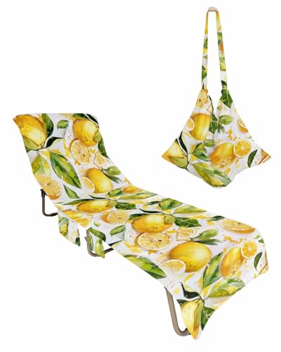 Summer Lemon Beach Lounge Chair Towel Cover, Soft Chaise Lounge Towel with Side Pockets Patio Pool Chairs Cover for Beach/Pool Sunbathing 29x85 Watercolor Summer Yellow Fruits Botanical