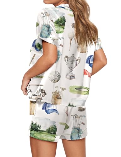 Image of SHESHOW Pajamas for Women Set Satin Button Down Short Sleeve Top and Shorts Pjs Sets Sport Ball Print Sleepwear XS-XXL