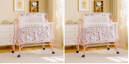 Image of Amazon Brand - Supples Baby Cradle with Swing & Mosquito Net | 0-8 Months | Swing Lock | 4 Wheels with Brake | Soft & Comfortable for Baby Sleep | Sturdy Mild Steel Frame | Pink (Pack of 2)