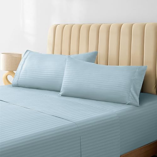 Image of LuxClub Striped Sheets, 3 PC Striped Bed Sheets Twin Size, Deep Pockets 18 inch Eco Friendly Wrinkle Free-Kids-Fitted Sheets Machine Washable Hotel Bedding (Twin XL, Light Blue)