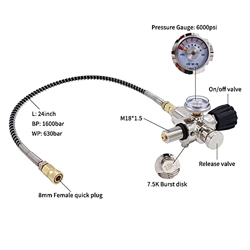 TUXING 4500PSI/300Bar Pcp Tank DIN Valve Scuba Adapter Dual Gauge with 24“Hose Paintball HPA Tank, High Pressure Compressed Air Fill Station M18x1.5 Thread