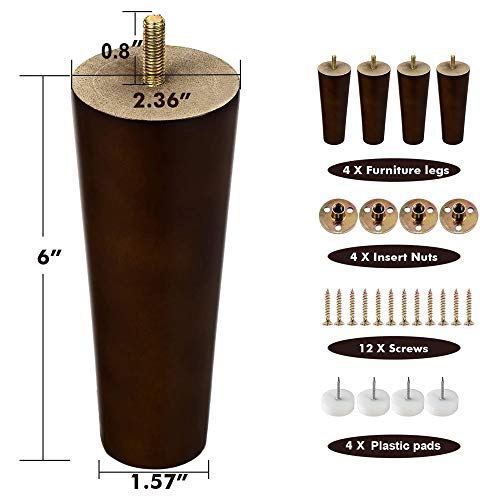 Wood Furniture Sofa Feet Legs 6 Inch Set of 4 for Couch Cabinet Chair Brown Replacement Extenders with Hardware Kit Attachment Mounting Plates M8 Bolts and Screws | Easy to Install