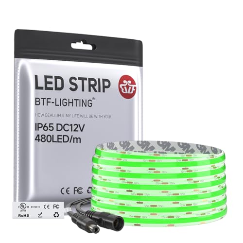 Image of BTF-LIGHTING FCOB IP65 Waterproof Green Color COB LED Strip 16.4FT DC12V 480LED /m 8mm Width Flexible High Density CRI 90+ Dimmable LED Light for Home Indoor Decor(No Controller or Adapter)