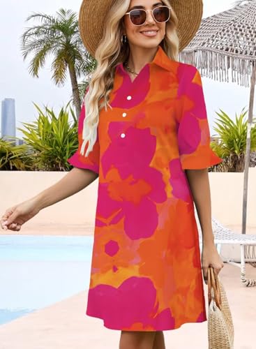 Image of Womens Summer Shirt Mini Dresses 2026 Beach | Flowy Shift Dress, Button V Neck, Polo Collar, Ruffle Short Sleeve, Floral Boho Style, Casual Vacation Outfits with Pockets