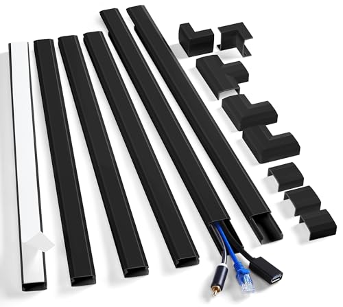 Image of ZhiYo Cord Cover Wall Kit, 94.5in Cord Hider Wall Mounted TV, Self-Adhesive Wire Covers for Cords, Paintable Wire Hiders Cable Raceway Kit, Cable Concealer, 6 x L15.7in W0.98 H0.5in, Black