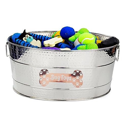 Stainless Steel Indestructible Dog Toy Bin - Pet Storage Bin with Handles, Large Organizer Storage Basket for Pet Toys, Blankets, Leashes - Pawprint Design Home Decor (Silver - 25 Quart)