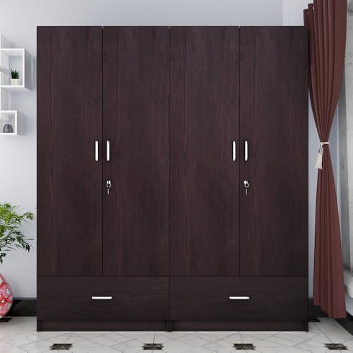 Image of VIKI Wardrobe | Wooden Almirah for 4 Door Wardrobe with 2 Split Drawer & Hanging Space (Dark Wenge - 40D x 160W x 180.8H) | 1 Year Warranty | Free Assembly