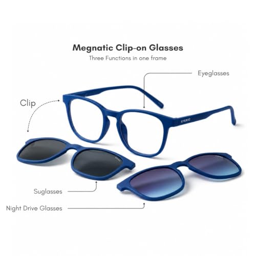 Image of 3 in 1 Clip On Sunglasses for Men & Women | Classic Lightweight Square Frame Zero Power Eyeglasses | Polarized Lens with UV400 | Night Vision Clip On for Driving