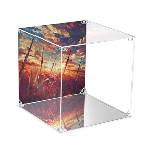 CHILLCASE UV Printed Background Acrylic Display Case with Mirror Base Anime Scene Clear Display Box Stand for Collectible Showcase for Action Figures Models PVC(Sword,9.8×9.8×9.8 inch
